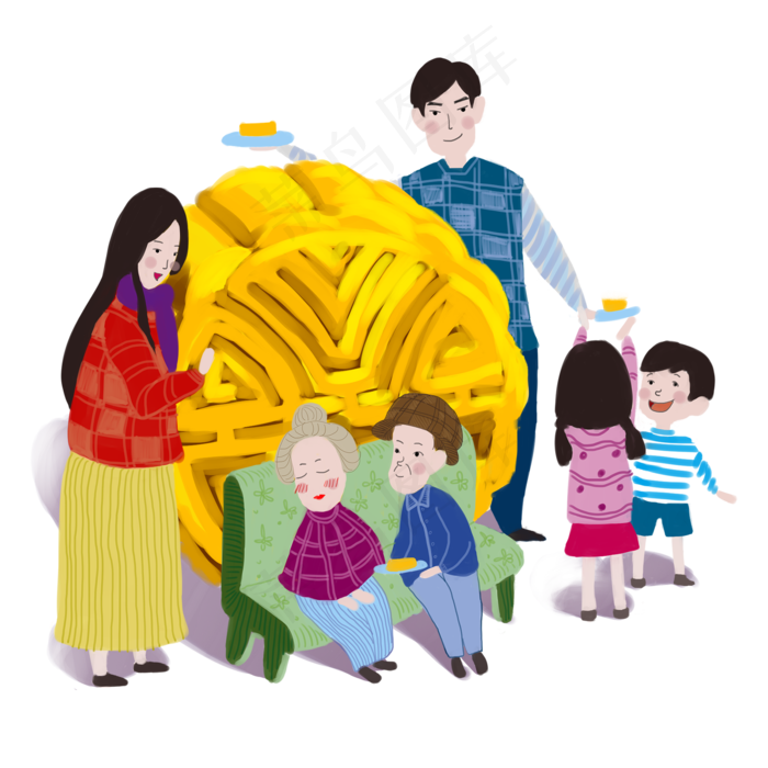 中秋合家欢分食月饼温馨PNG图,免抠元素