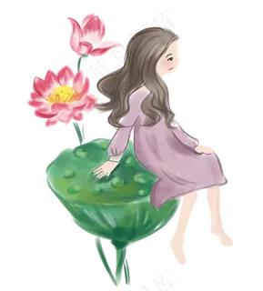 夏至坐在莲蓬上的女孩