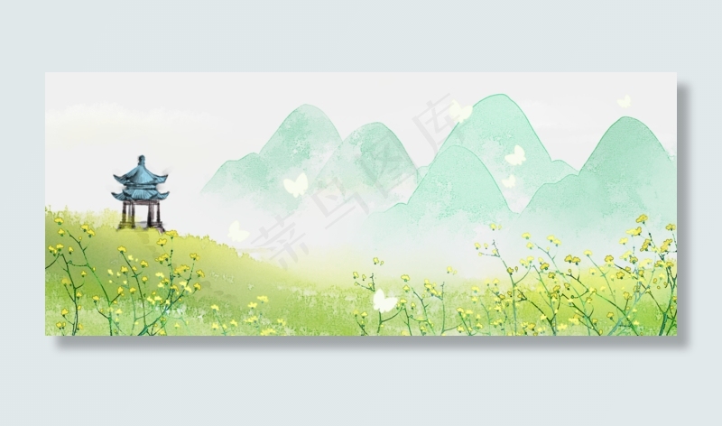 金色花海水墨风景古风山水(1920X800(DPI:300))psd模版下载