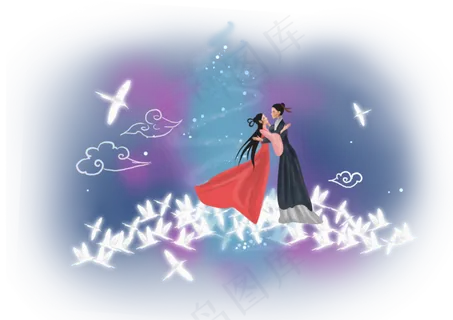 七夕情人节牛织女和鹊桥云朵,免抠元素