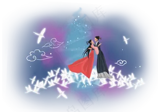 七夕情人节牛织女和鹊桥云朵,免抠元素