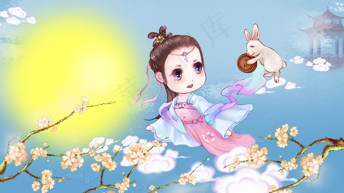 中秋金桂月亮祈福奔月嫦娥玉兔送月饼(2880*1620px 300 dpi )psd模版下载