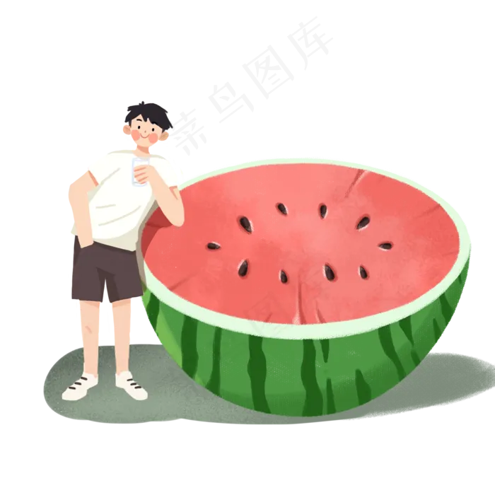 大暑男孩靠在西瓜上喝果汁PNG(2000X2000(DPI:300))psd模版下载