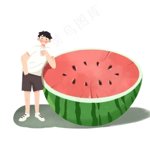 大暑男孩靠在西瓜上喝果汁PNG