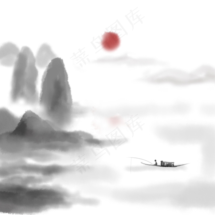 中国风水墨垂钓装饰(2000X2000(DPI:300))psd模版下载