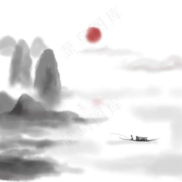 中国风水墨垂钓装饰(2000X2000(DPI:300))psd模版下载