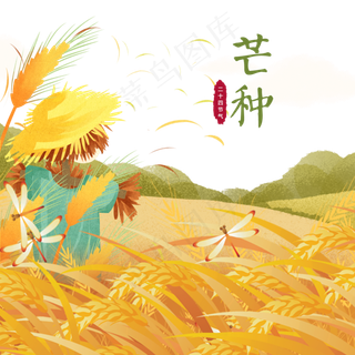 手绘芒种稻草人农田