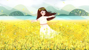小清新春天油菜花田女孩跳舞