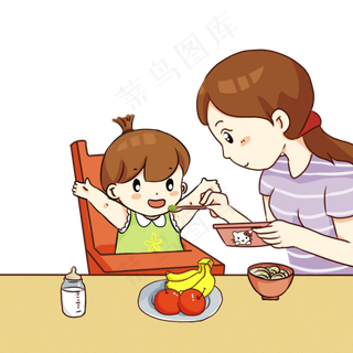 手绘卡通妈妈喂小朋友吃饭