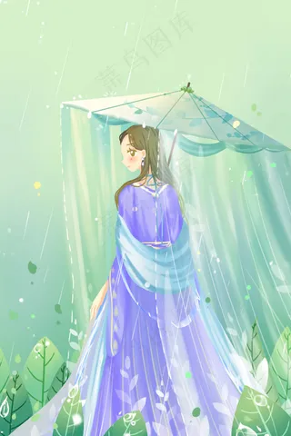 绿色唯美卡通春季清明节春雨下雨天谷雨配图
