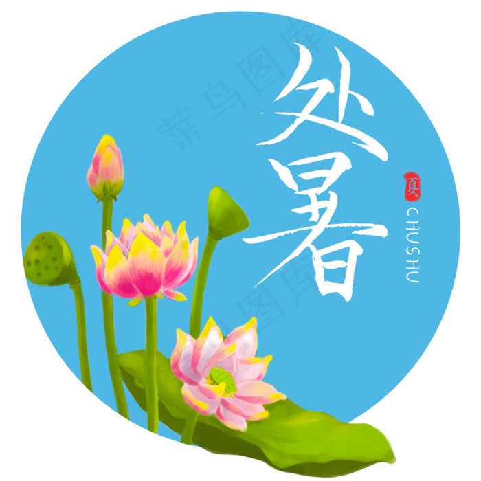 处暑蓝色手绘荷花