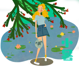 夏日节气小暑少女荷塘