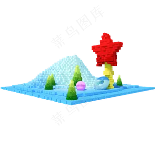 C4D红色五角星像素风格立体小