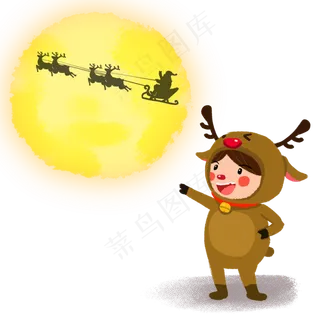 圣诞节手绘卡通人物圣诞麋鹿小朋,免抠元素