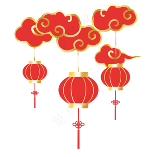 新年立体红金祥云灯笼装饰,免抠元素