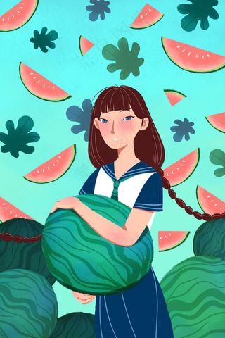 绿色系卡通手绘风夏景女孩西瓜配图
