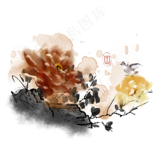 水墨花鸟古风花朵素材,免抠元素