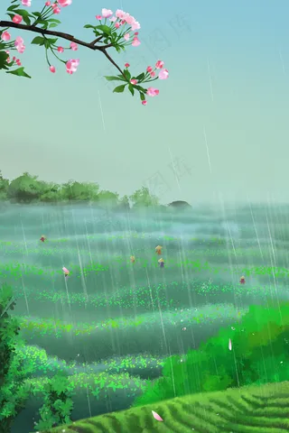 谷雨春分节气春天夏季治愈唯美风景漫画风