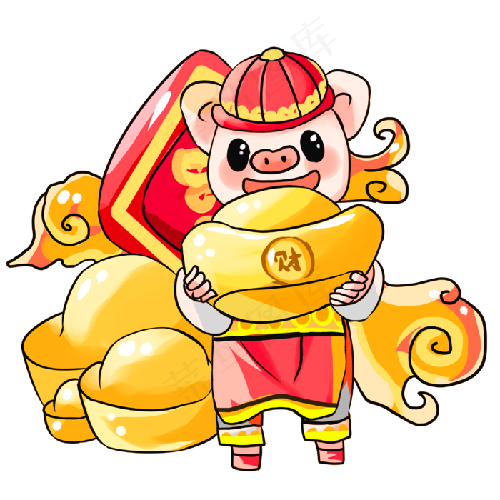 猪猪过年金元宝小猪插画,免抠元素