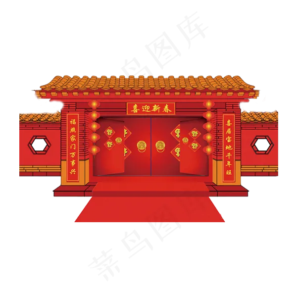 红色喜迎新春的古代大红门,免抠元素