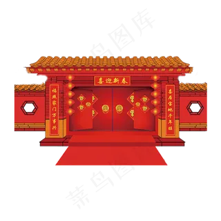 红色喜迎新春的古代大红门,免抠元素