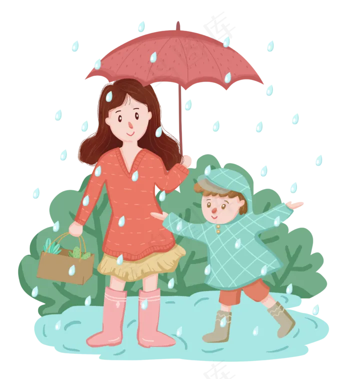 二十四节气雨水母子打伞玩耍PNG免,免抠元素(2400X2600(DPI:300))psd模版下载