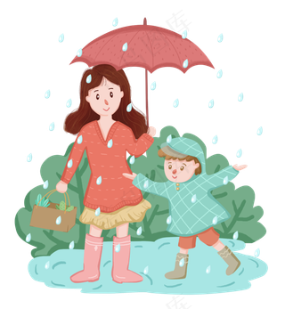 二十四节气雨水母子打伞玩耍PNG免,免抠元素