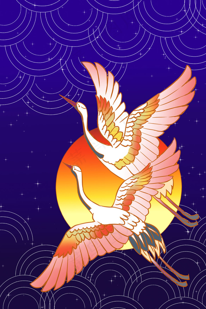 国潮 仙鹤 色彩 云雾