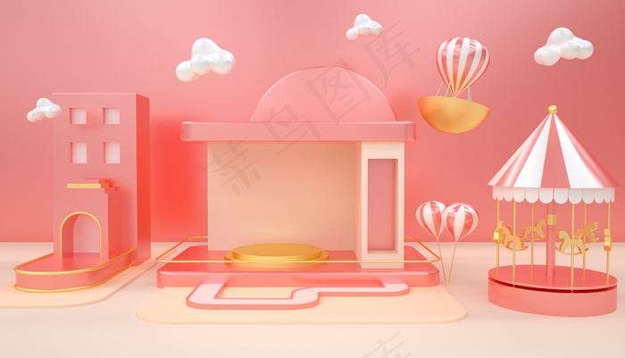 C4d珊瑚橙风格小镇旋转木马气球卡通背景背景图片素材,背景元素