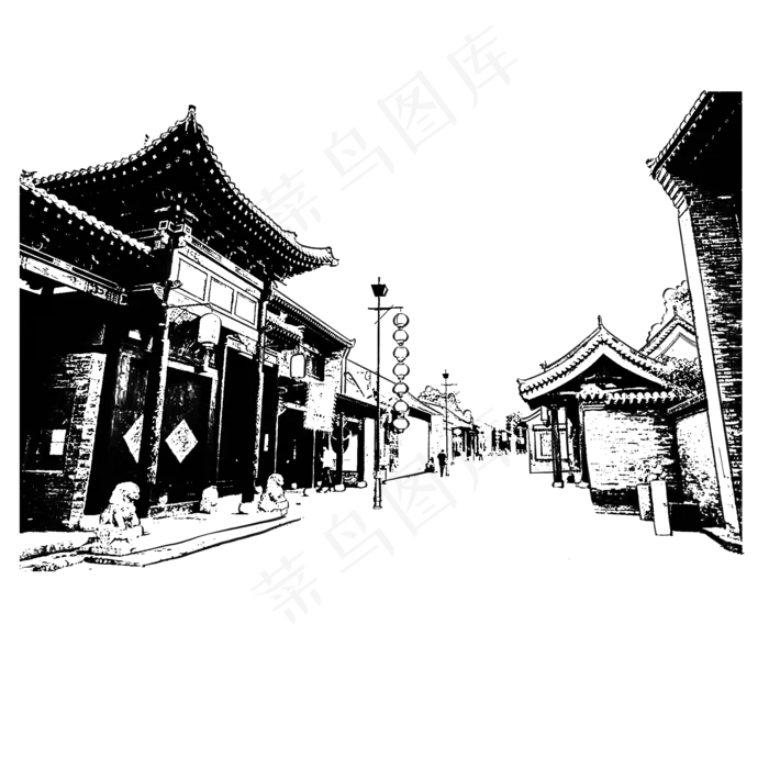古镇街景速写(2000X2000(DPI:300))psd模版下载