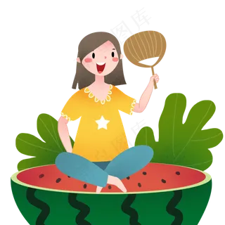 坐在西瓜的小女孩