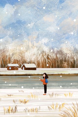 大寒主题之一个人在雪地河岸边散步旅行治愈