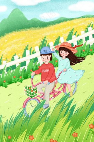 五一小长假卡通小清新骑自行车出游配图