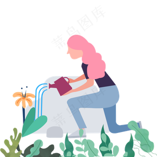矢量风妇女浇花图