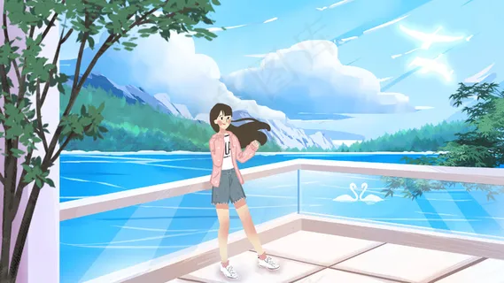 五月你好海边阳台女孩