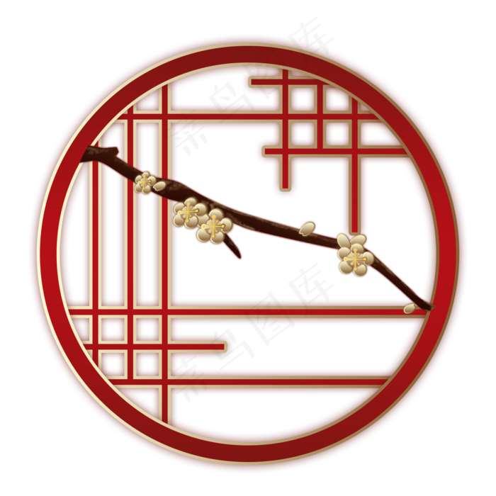 梅花金色红框边框手绘,免抠元素