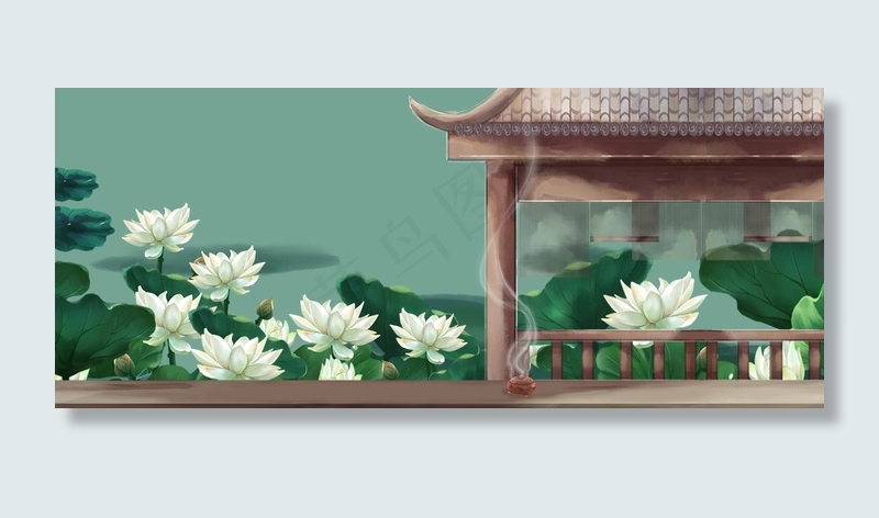 六月立夏荷花古风建筑夏季风景电商网页背景