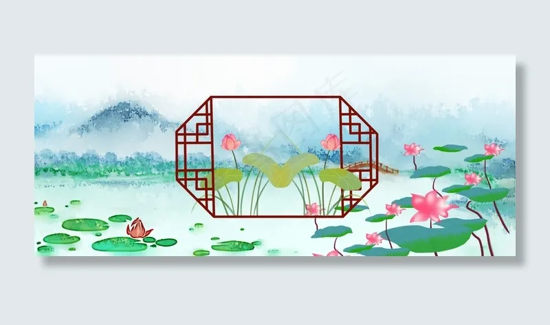 复古中国风六月荷花风景图