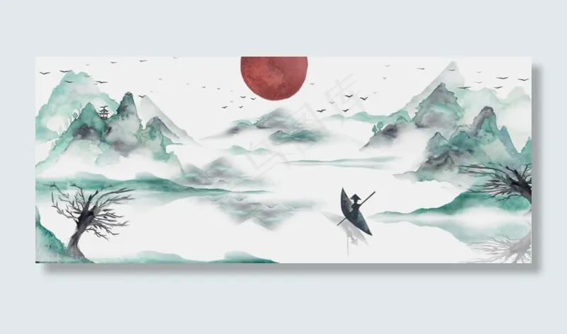 卡通手绘古风水彩山水风景画(1920X800(DPI:300))psd模版下载