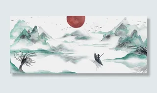 卡通手绘古风水彩山水风景画