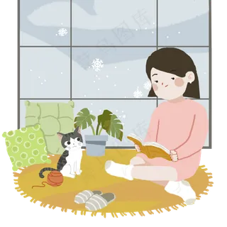 小寒下雪女孩看书阅读图,免抠元素