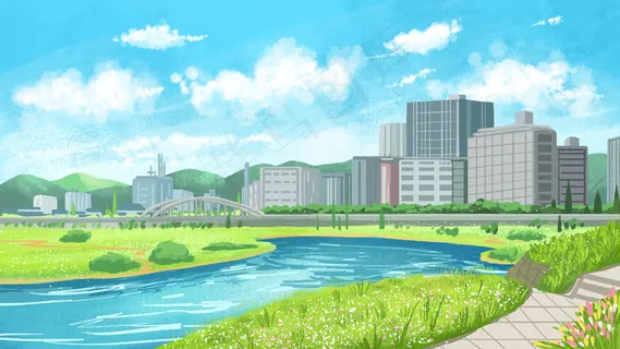 夏日城市建筑有植物湖水风景