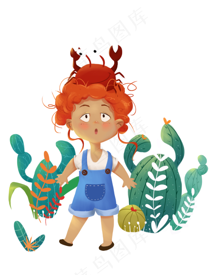 抓螃蟹的卡通背带裤女孩手绘插画,免抠元素