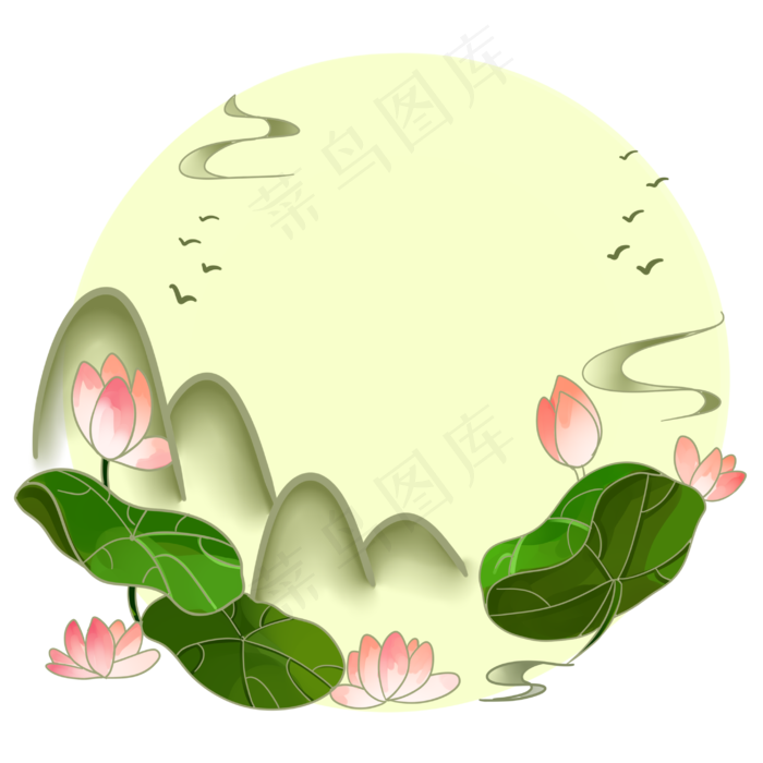 春夏淡彩水墨荷花与鸟PNG素材(2894X2894(DPI:350))psd模版下载