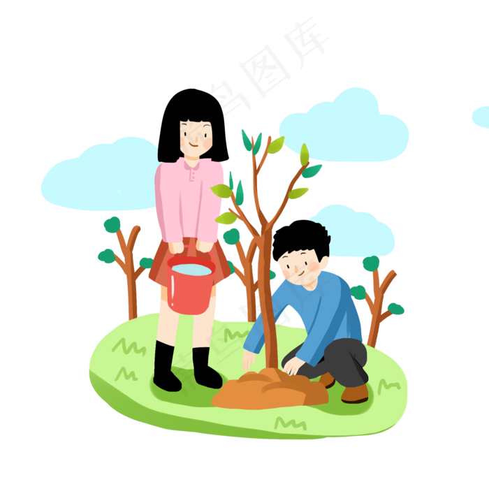 手绘植树节男孩和女孩辛勤植树