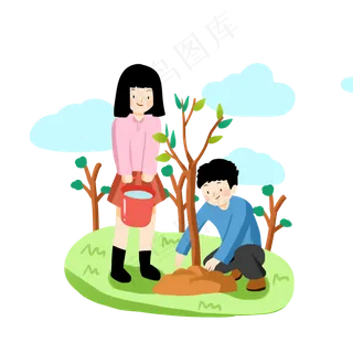 手绘植树节男孩和女孩辛勤植树