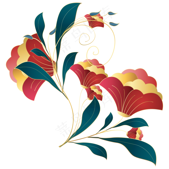 矢量国潮花朵装饰,免抠元素