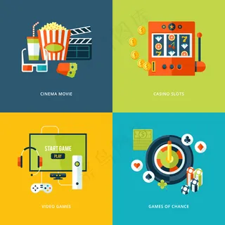 娱乐类概念图标集。电影、赌场吃角子*游戏、电子游戏、机会游戏的图标。