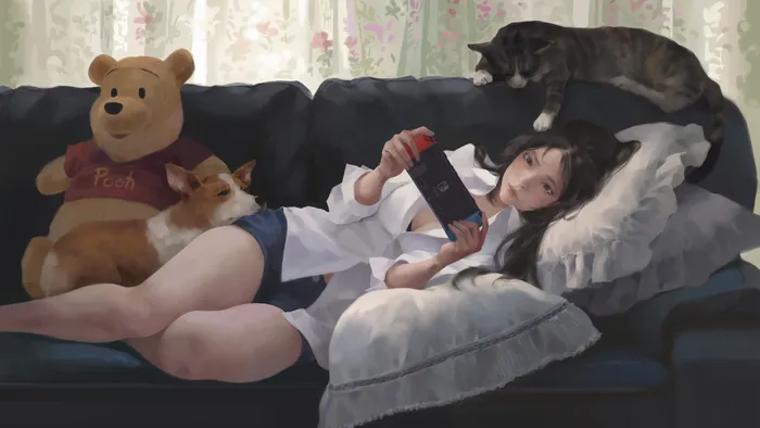 美女沙发打游戏