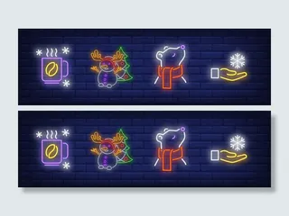 以霓虹灯和热咖啡为背景的冬季符号